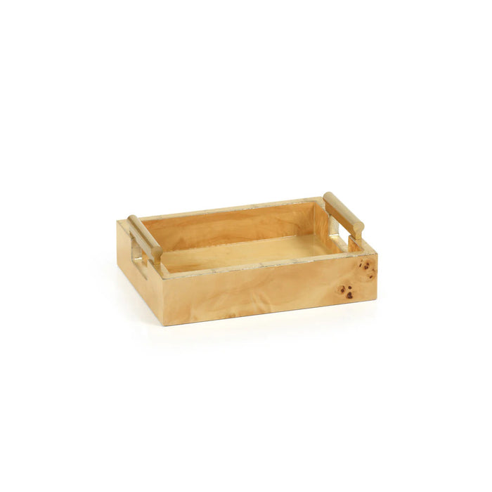 A bar cart holds a black decanter, a blue-capped bottle, two glasses, and the ZODAX BURL WOOD RECTANGULAR TRAY WITH HANDLES with folded napkins, all arranged on glass beside a decorative burl wood veneer box.