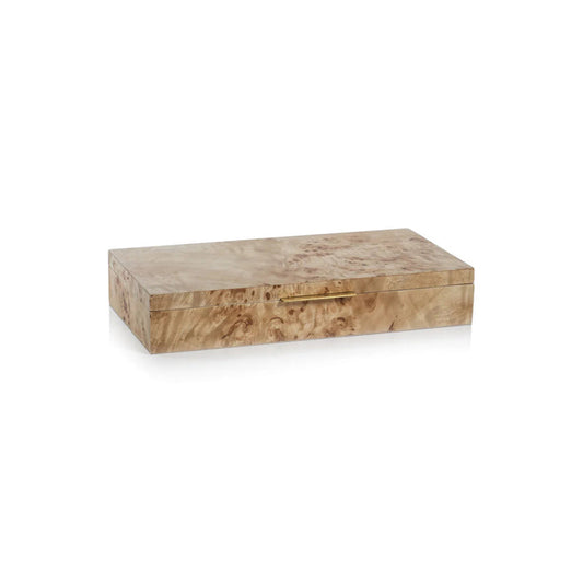 The ZODAX BURL WOOD VENEER BOX - SMALL is a rectangular, light brown box with a smooth, glossy burl veneer finish and a gold horizontal handle on the front, shown against a white background.