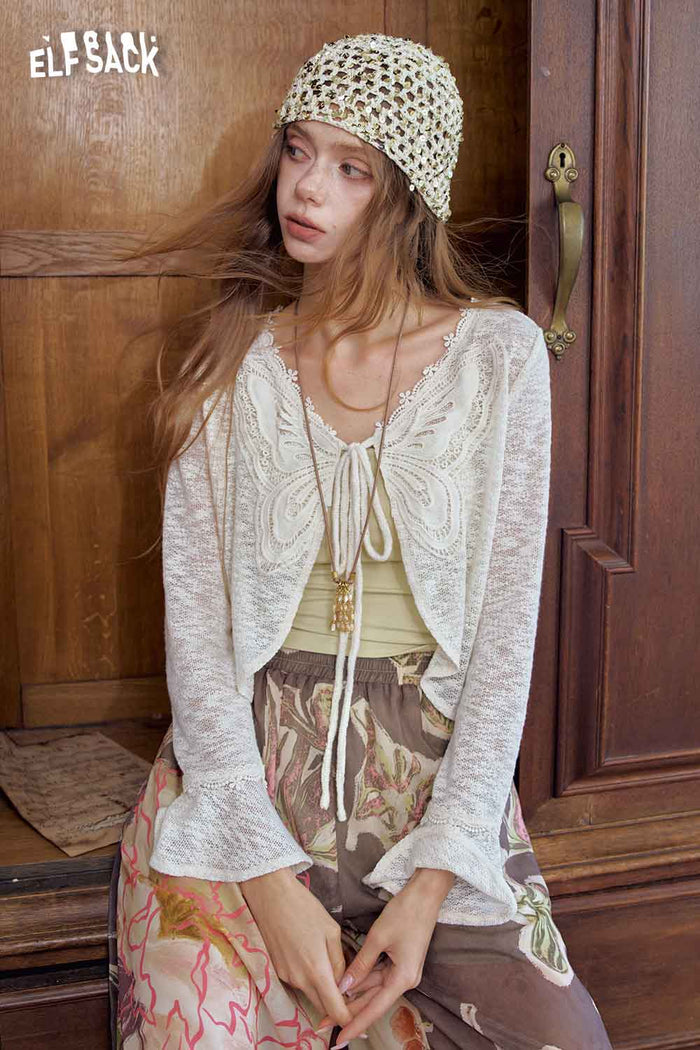 ELFSACK Butterfly Embroidery Lace Crop Blouse