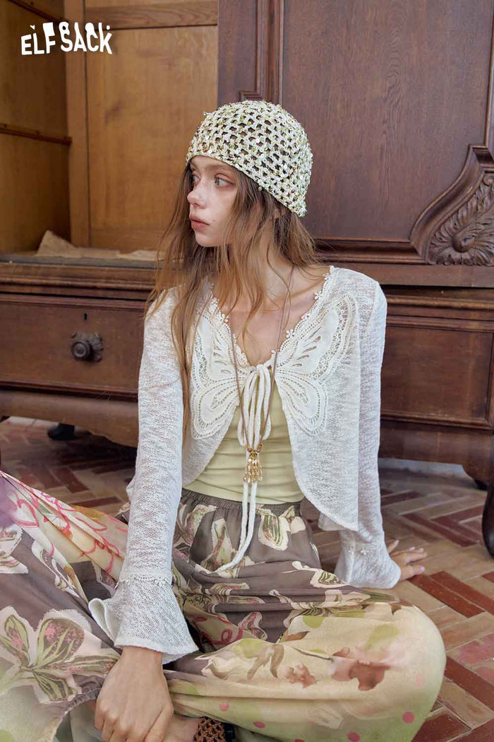ELFSACK Butterfly Embroidery Lace Crop Blouse