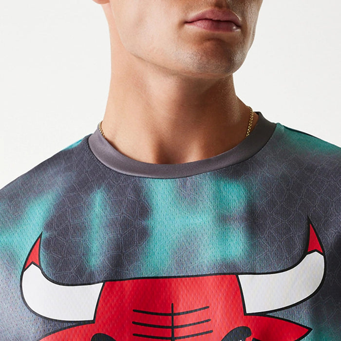 The Male model is wearing Chicago Bulls NBA All Over Print Green Oversized T-Shirt 4