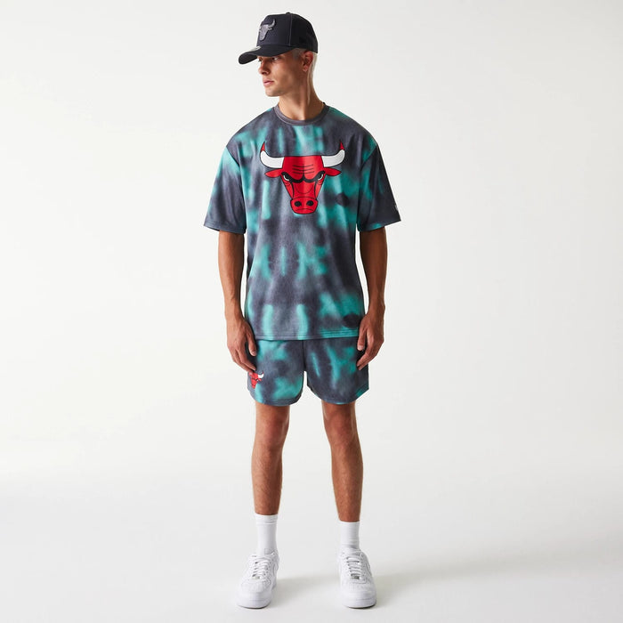 The Male model is wearing Chicago Bulls NBA All Over Print Green Oversized T-Shirt 8