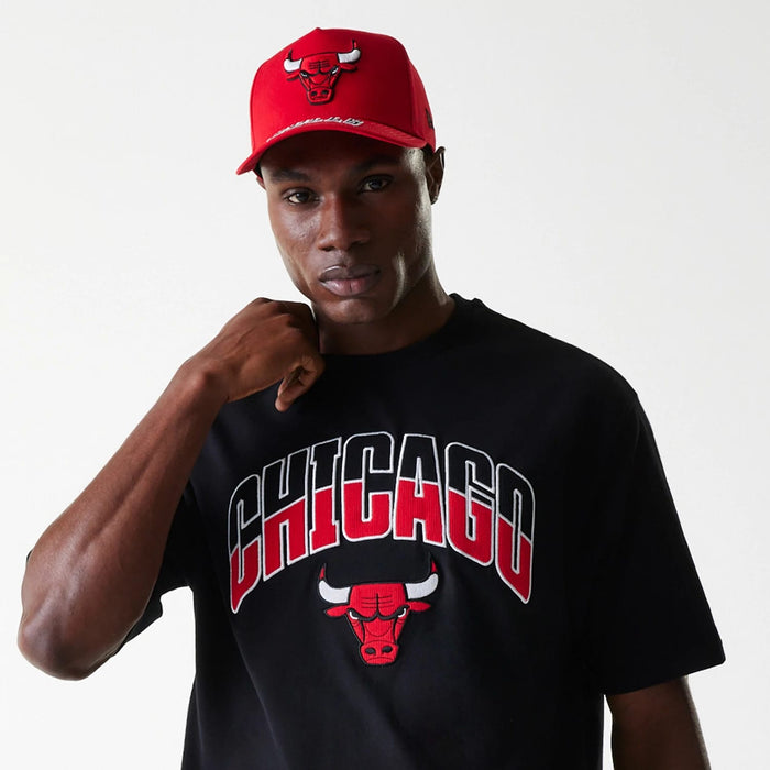 The Male model is wearing Chicago Bulls NBA Arch Graphic Black Oversized T-Shirt 6