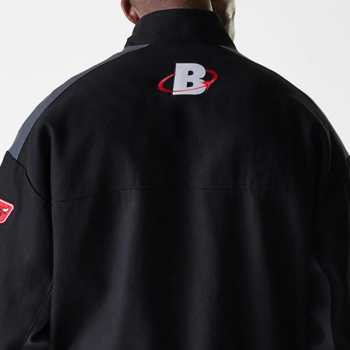 The Male model is wearing Chicago Bulls NBA Motorsport Black Motorsports Jacket 7