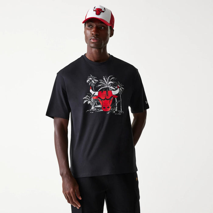 The Male model is wearing Chicago Bulls NBA Palm Tree Black Oversized T-Shirt 1
