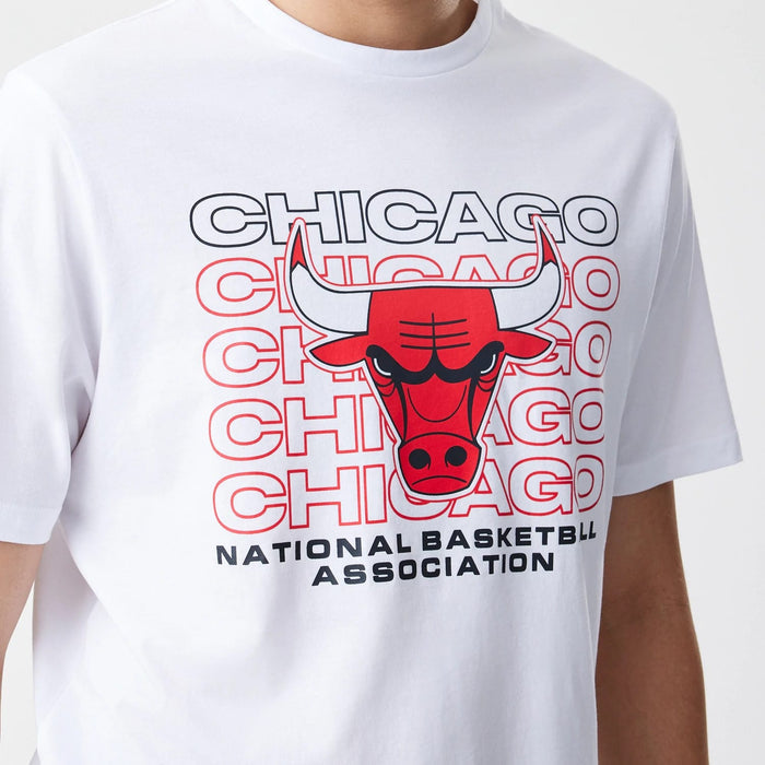 The Male model is wearing Chicago Bulls NBA Stack Wordmark White T-Shirt 4