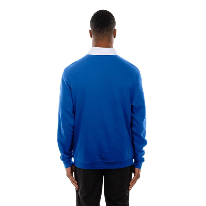 The Male model is wearing Chicago Cubs Throwback Prep Blue Long Sleeve Rugby Shirt 7