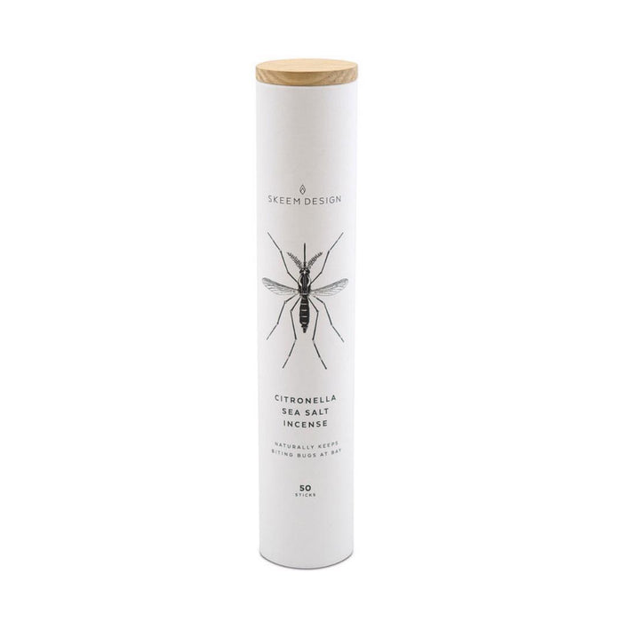 A tall, cylindrical container labeled "Skeem Candles" featuring an image of a mosquito. It reads "Citronella Incense Tube" and "Naturally Keeps Biting Bugs at Bay," with "50 sticks" noted at the bottom. Enhanced with citronella oil, it's perfect for outdoor entertaining. The container is topped with a wooden lid.