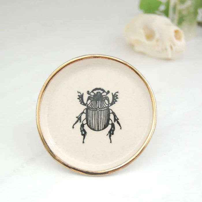 The COMPOST DESIGN - LITTLE BEETLE TINY DISH 3", with a black beetle illustration and 22k gold rim, is set on a white surface alongside a small skull-shaped object and a green plant.