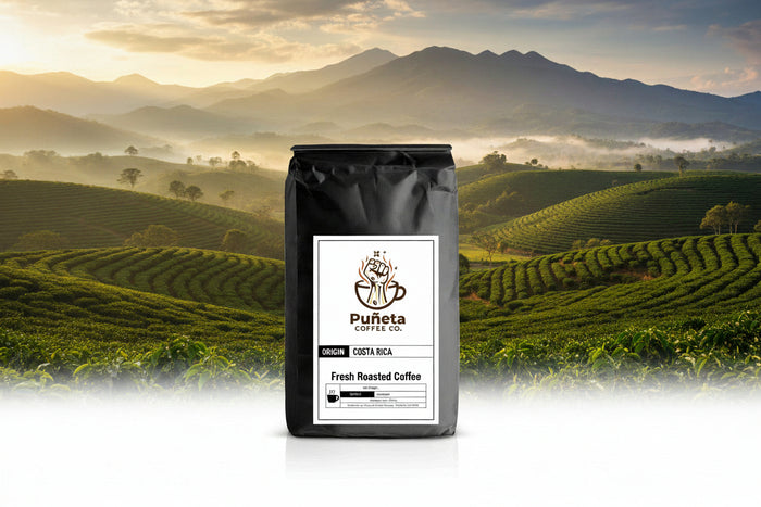Black coffee bag with Puánta Coffee Co. label on a white background