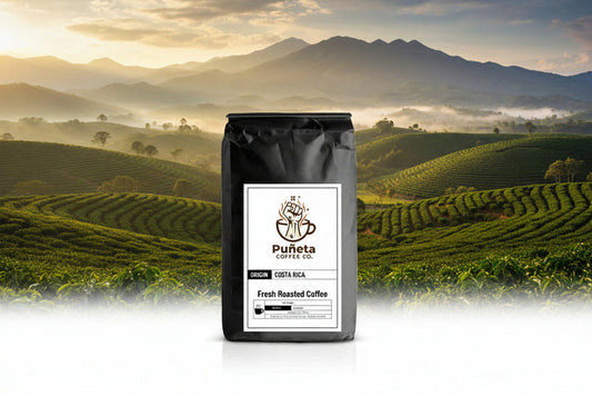 Black coffee bag with Puánta Coffee Co. label on a white background