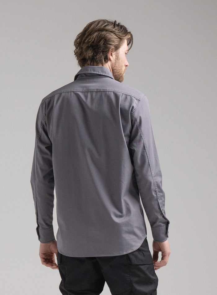 Rudie Is 6ft 2" And Wears Size: M | Hem Studio Image Of Model Wearing Covert Shirt In Raven Grey (SS Model)