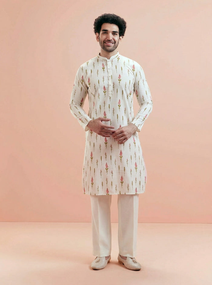 Cream Cotton Blend Printed Kurta Wide Leg Trouser Set