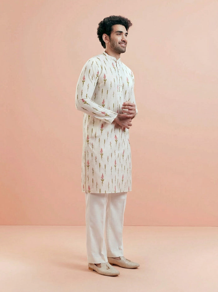 Cream Cotton Blend Printed Kurta Wide Leg Trouser Set