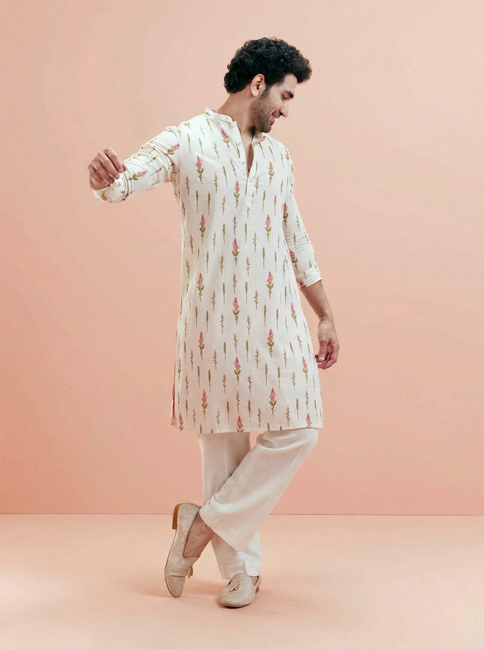 Cream Cotton Blend Printed Kurta Wide Leg Trouser Set