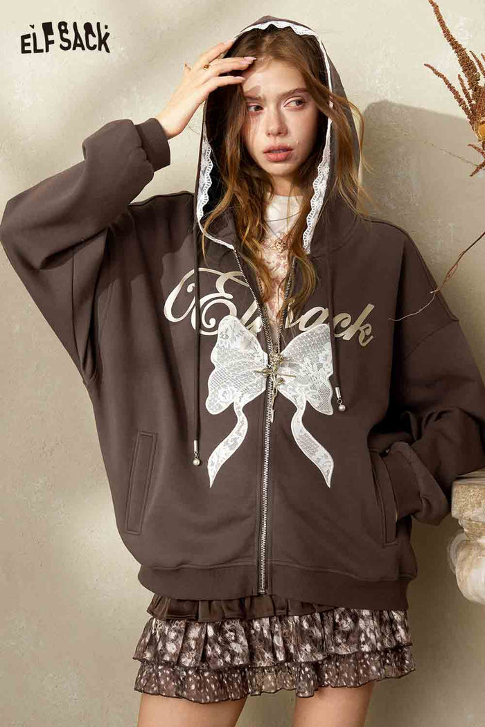 Crop Hooded Jacket with Lace Bow