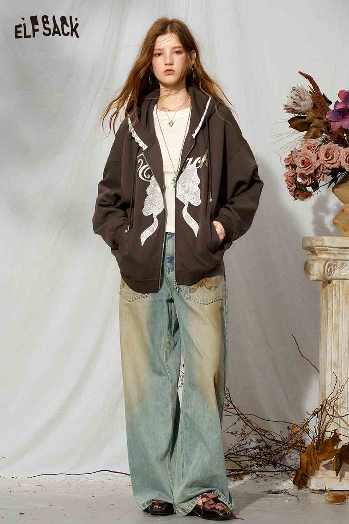 Crop Hooded Jacket with Lace Bow