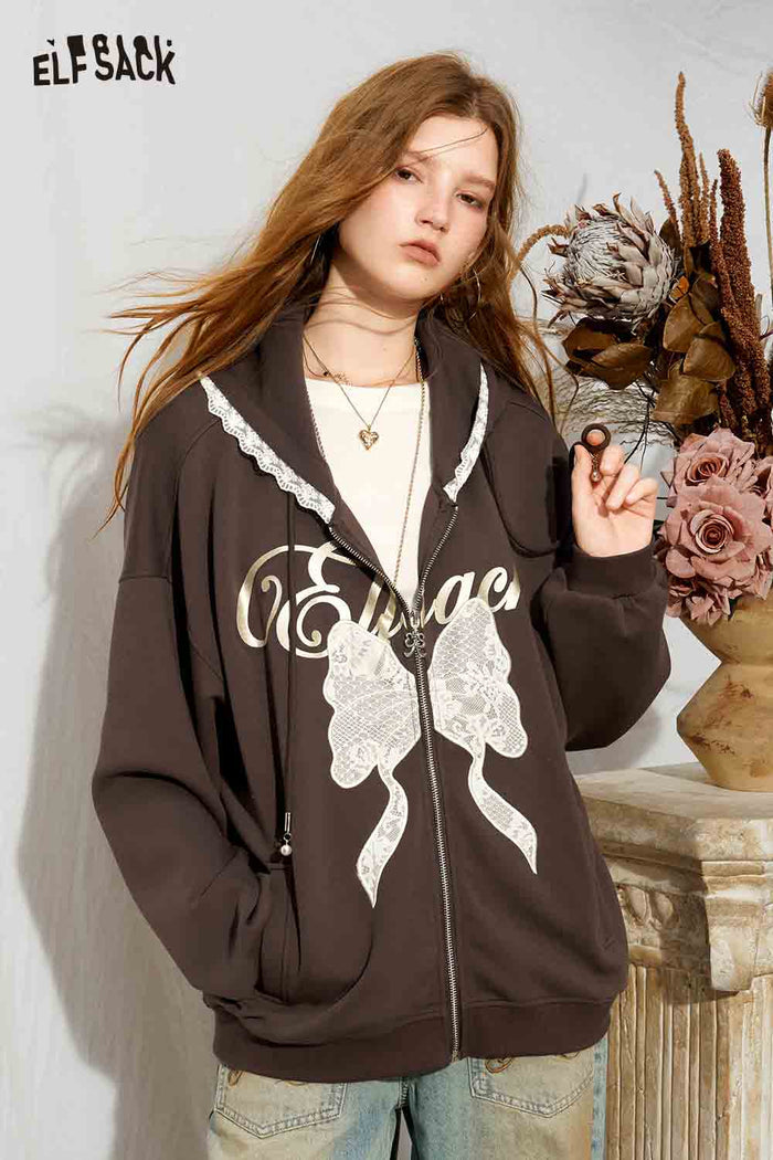 Crop Hooded Jacket with Lace Bow