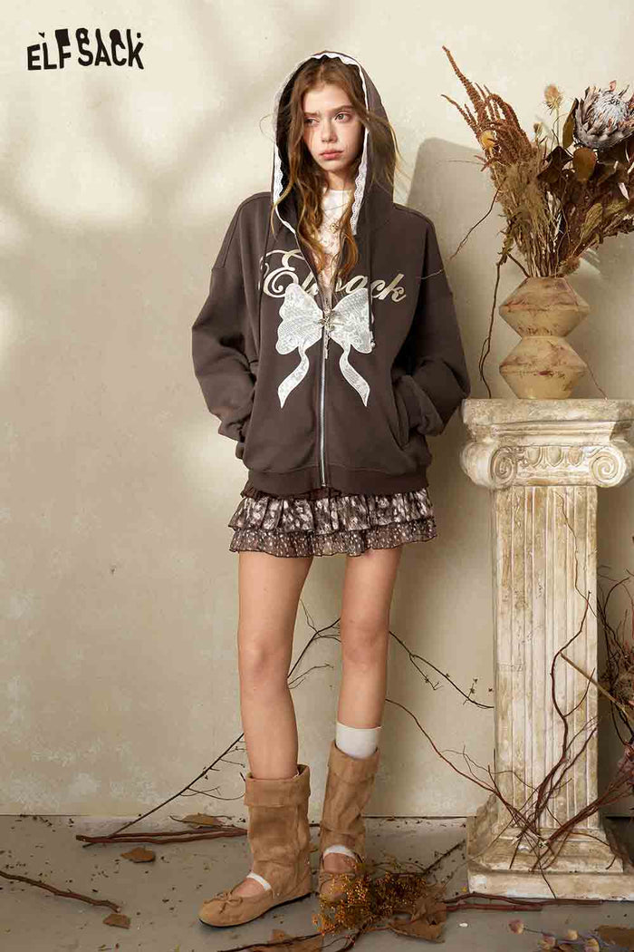 Crop Hooded Jacket with Lace Bow