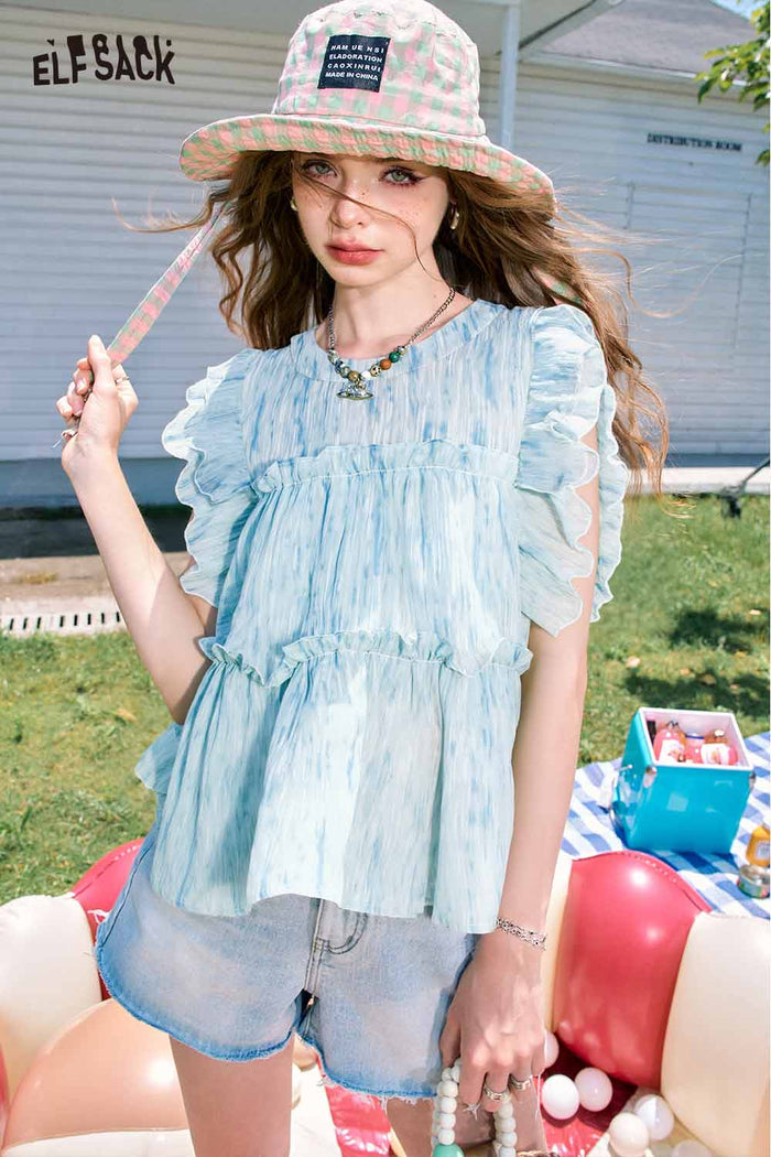 ELFSACK Design Loose Lace Patchwork Flutter Sleeve Chiffon Blouse