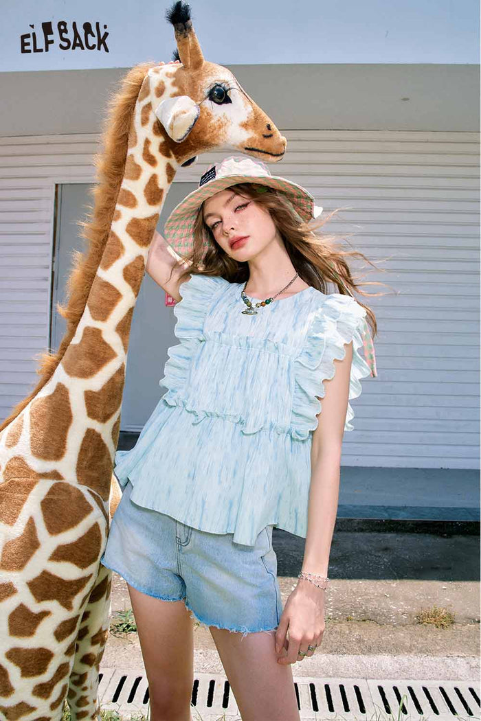 ELFSACK Design Loose Lace Patchwork Flutter Sleeve Chiffon Blouse