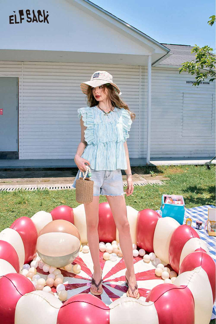ELFSACK Design Loose Lace Patchwork Flutter Sleeve Chiffon Blouse
