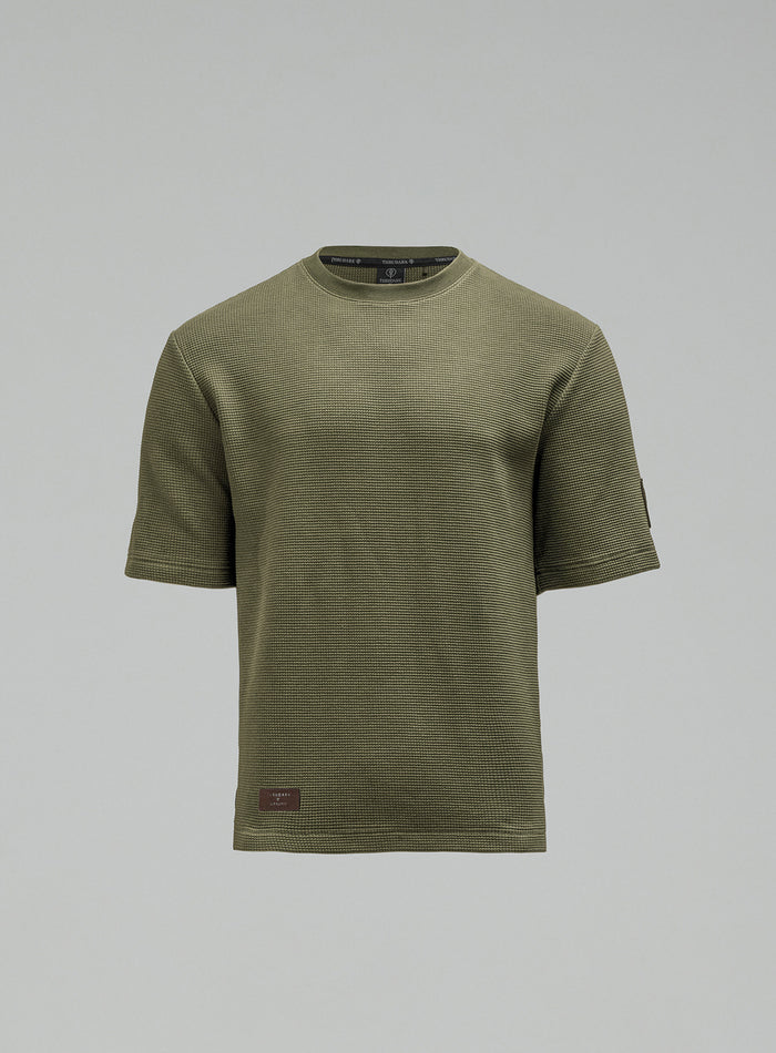 Hem Cut Out Image of Dissident Waffle Short Sleeve T-Shirt In Khaki (GM)