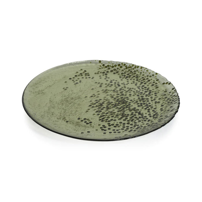 The ZODAX DOTTED GLASS PLATE 11" is a round glass plate with black dots, measuring 27.94 cm x 1.91 cm (11 in x 0.75 in).