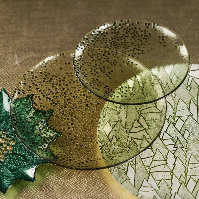 The ZODAX DOTTED GLASS PLATE 11" is a round glass plate with black dots, measuring 27.94 cm x 1.91 cm (11 in x 0.75 in).
