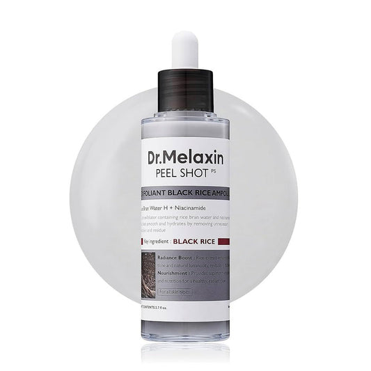A clear bottle of KOSMIC KBEAUTY SKINCARE DR MELAXIN - PEEL SHOT GLOW BLACK RICE AMPOULE with a dropper cap is shown in front of a large, semi-transparent white circle background.