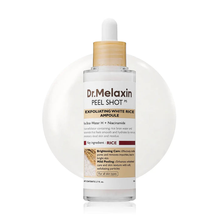 A clear bottle of KOSMIC KBEAUTY SKINCARE DR MELAXIN - PEEL SHOT GLOW WHITE REICE AMPOULE with a dropper cap, filled with translucent liquid, is displayed against a white background with subtle circular accents.