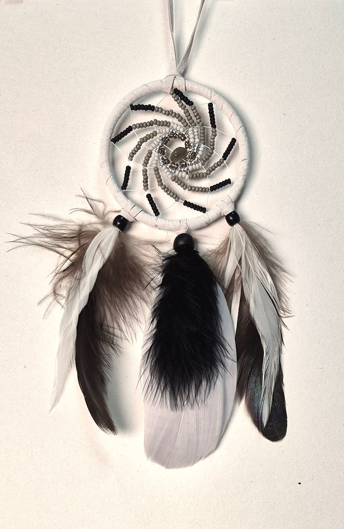 2.5" diameter grey beaded Dream Catcher detailed with beads, a semi-precious gemstone and feathers as shown. Handmade in Canada.