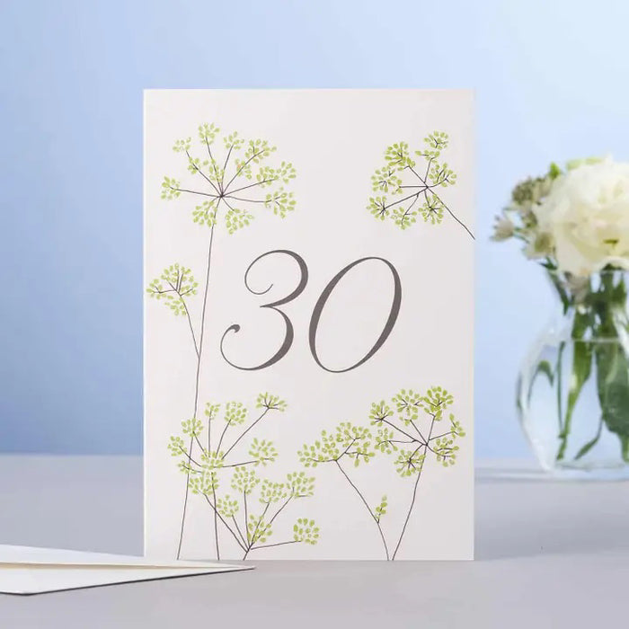 The ELOISE HALL LTD - FENNEL 30TH BIRTHDAY CARD features a bold 30, delicate green fennel-inspired florals, a glass vase with white flowers on light blue, all printed on premium GF Smith board by ELOISE HALL LTD.