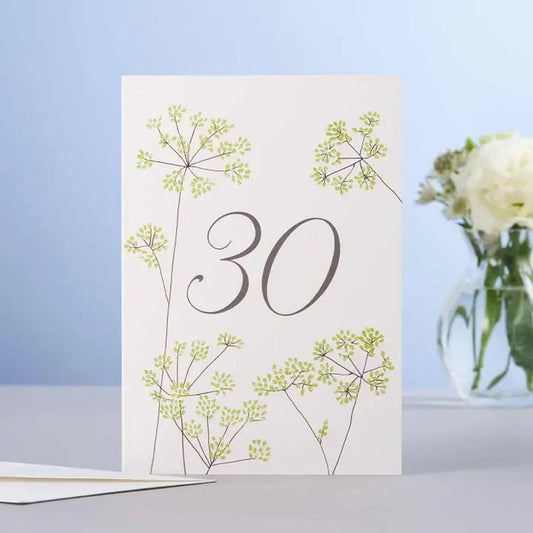 The ELOISE HALL LTD - FENNEL 30TH BIRTHDAY CARD features a bold 30, delicate green fennel-inspired florals, a glass vase with white flowers on light blue, all printed on premium GF Smith board by ELOISE HALL LTD.