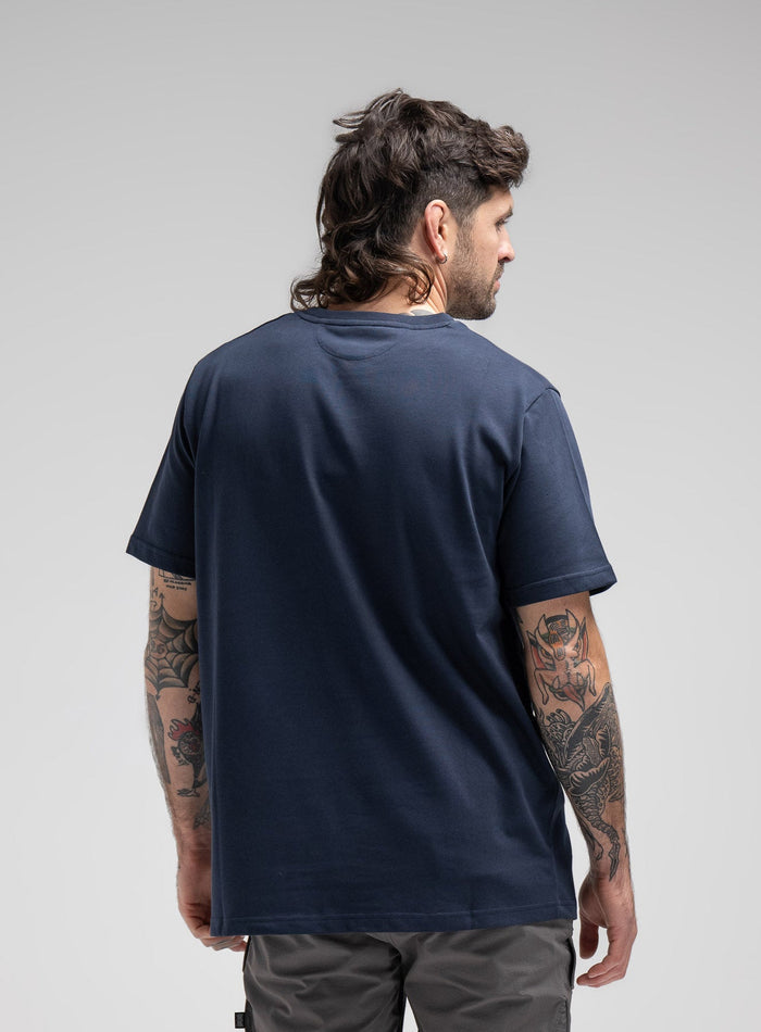 Bernie Is 6ft And Wears Size: M | Hem Studio Image Of Model Wearing Enigma Oversized Tee In Navy (SS Model)