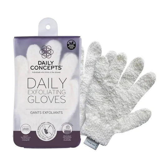 A package of DAILY CONCEPTS EXFOLIATING GLOVES appears beside a pair of white textured spa gloves. The white and purple packaging highlights their effectiveness for removing dead skin.