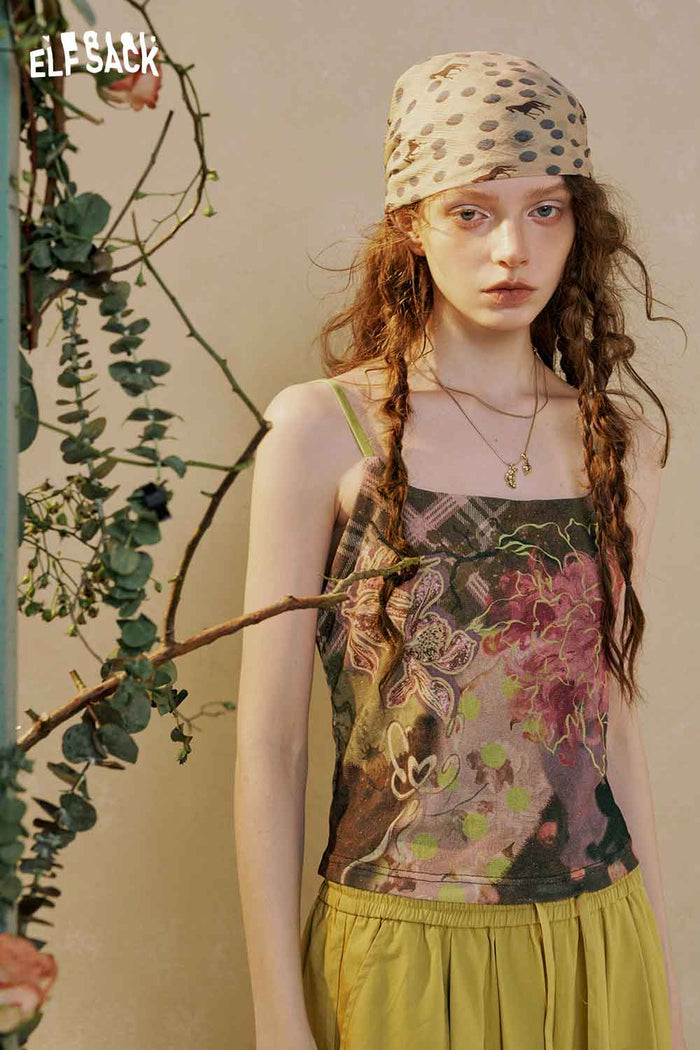 ELFSACK Floral Print Spaghetti Strap Cami Top