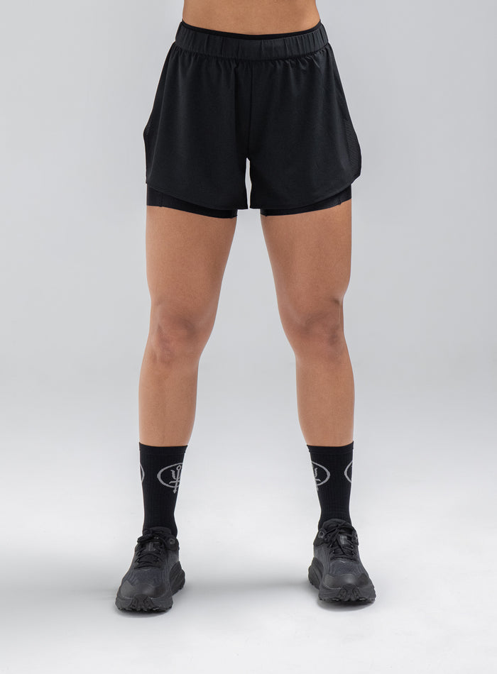 Jade Is 5ft 8" And Wears Size: S | Hem Studio Image Of Model Wearing Force 2-In-1 Shorts Womens In Obsidian Black (SS Model)
