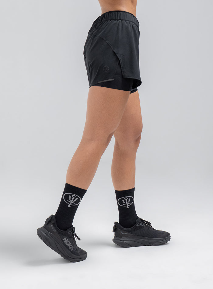 Jade Is 5ft 8" And Wears Size: S | Hem Studio Image Of Model Wearing Force 2-In-1 Shorts Womens In Obsidian Black (SS Model)