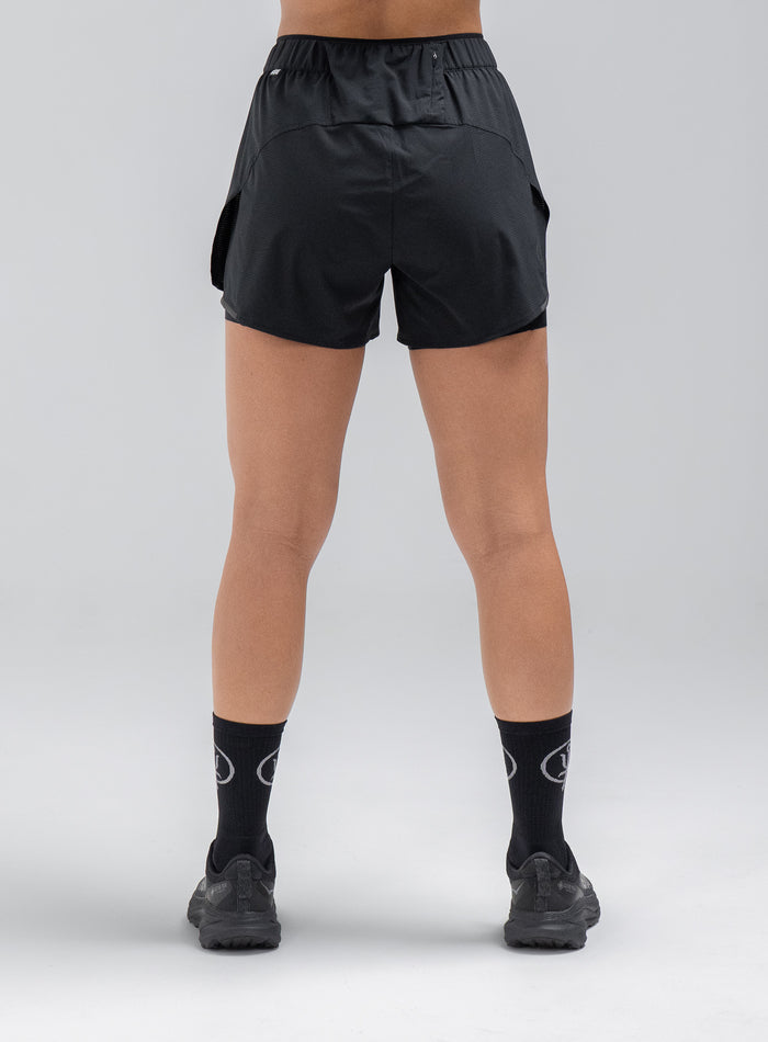 Jade Is 5ft 8" And Wears Size: S | Hem Studio Image Of Model Wearing Force 2-In-1 Shorts Womens In Obsidian Black (SS Model)