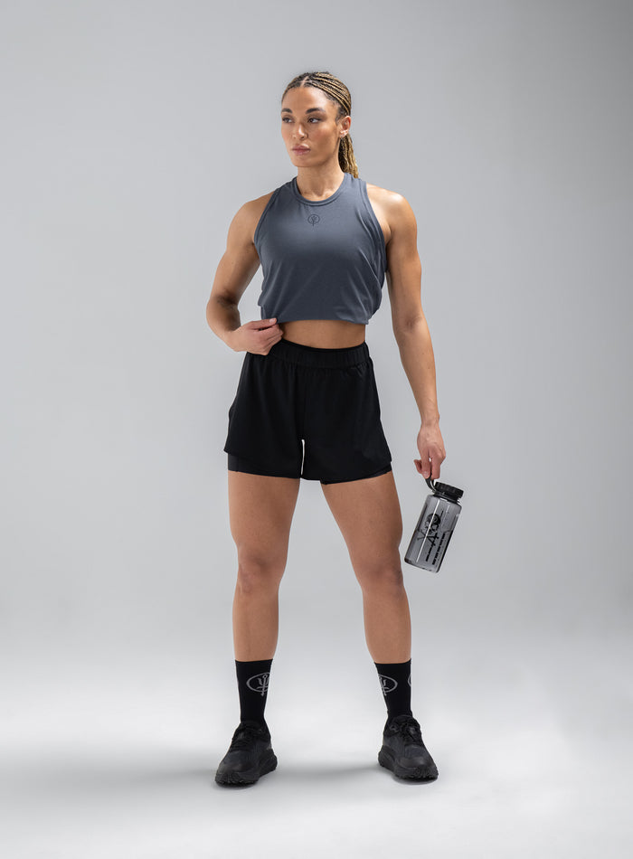 Jade Is 5ft 8" And Wears Size: S | Hem Studio Image Of Model Wearing Force 2-In-1 Shorts Womens In Obsidian Black (SS Model)
