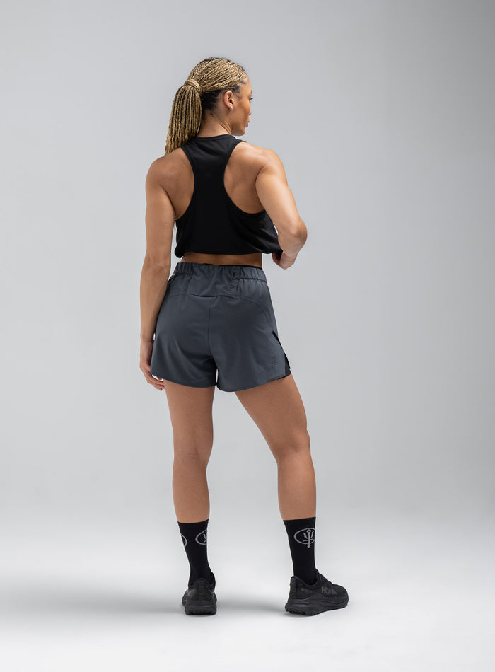 Jade Is 5ft 8" And Wears Size: S | Hem Studio Image Of Model Wearing Force 2-In-1 Shorts Womens In Storm Blue (SS Model)
