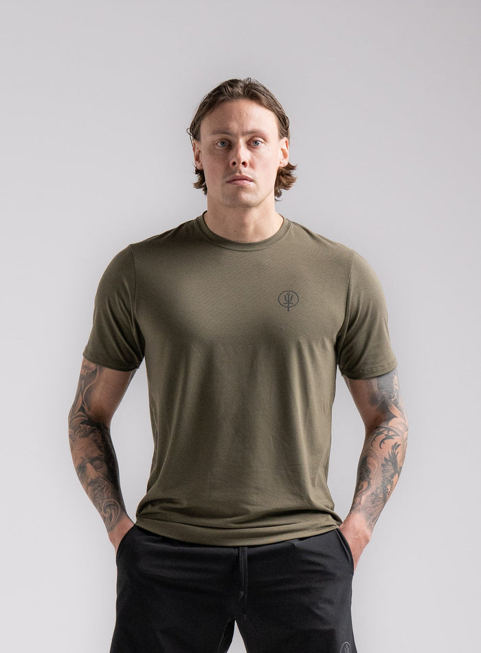 Angus Is 6ft 4" And Wears Size: L | Hem Studio Image Of Model Wearing Force Active Drirelease® Tshirt In Khaki (SS Model)