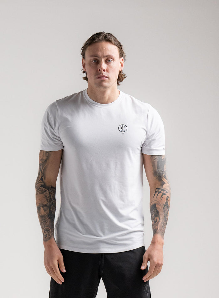 Angus Is 6ft 4" And Wears Size: L | Hem Studio Image Of Model Wearing Force Active Drirelease® Tshirt In Optic White (SS Model)