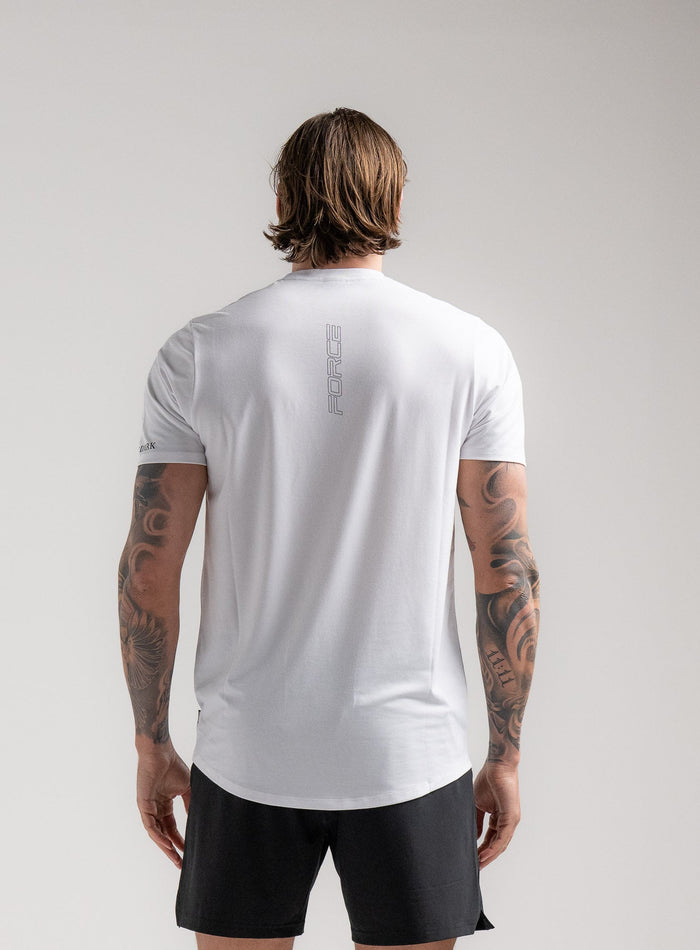 Angus Is 6ft 4" And Wears Size: L | Hem Studio Image Of Model Wearing Force Active Drirelease® Tshirt In Optic White (SS Model)