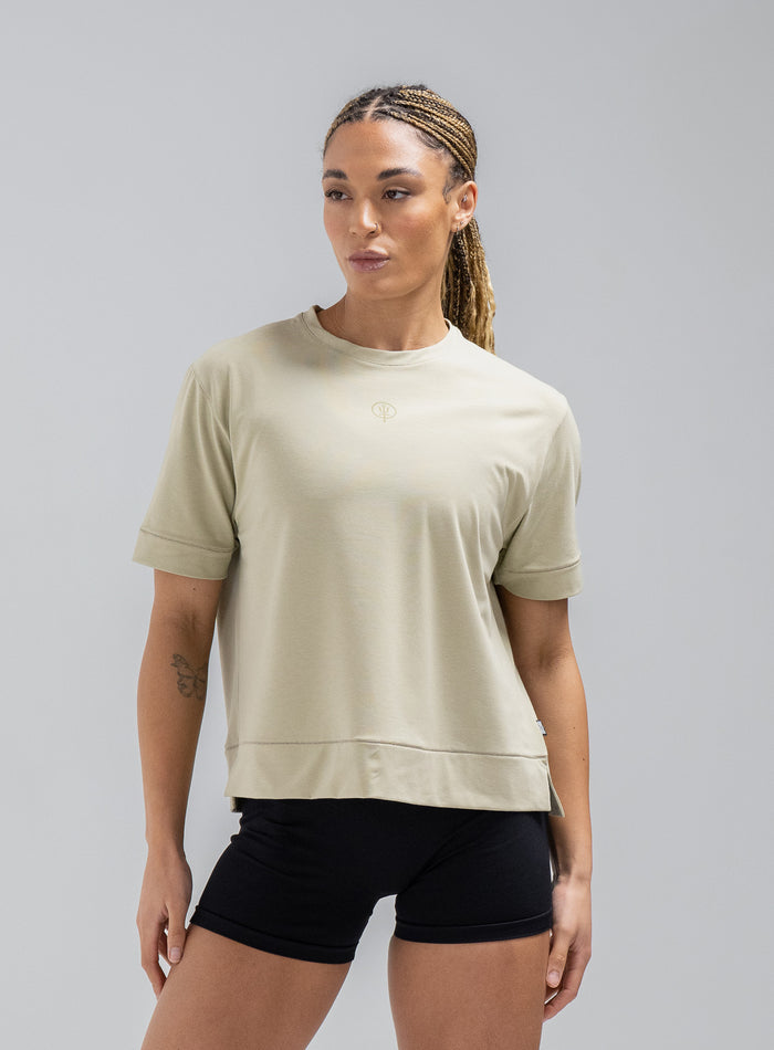 Jade Is 5ft 8" And Wears Size: S | Hem Studio Image Of Model Wearing Force Boxy Drirelease® T-Shirt In Stone (SS Model)