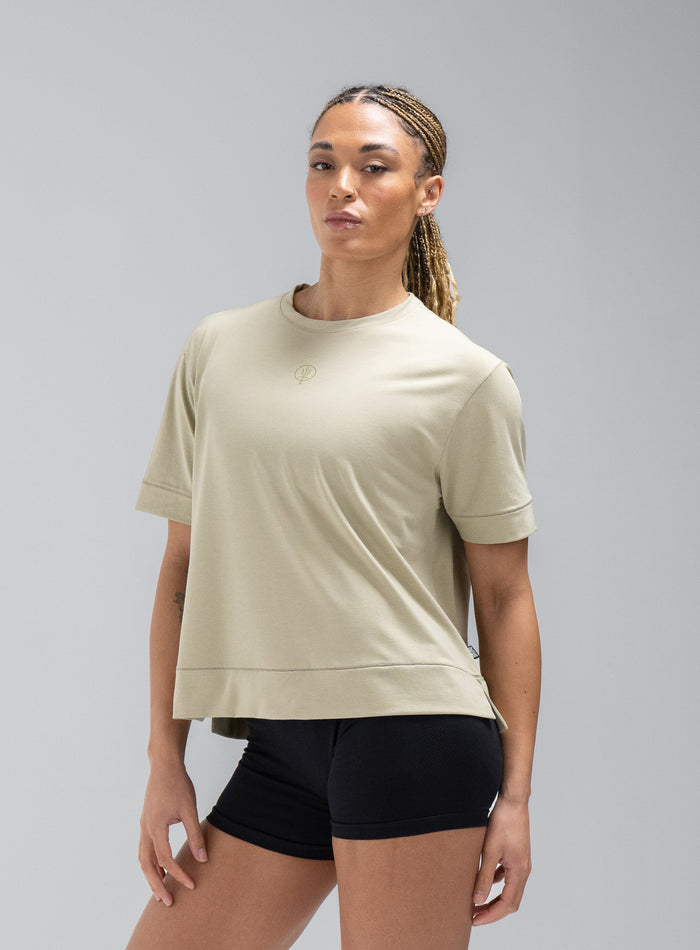 Jade Is 5ft 8" And Wears Size: S | Hem Studio Image Of Model Wearing Force Boxy Drirelease® T-Shirt In Stone (SS Model)