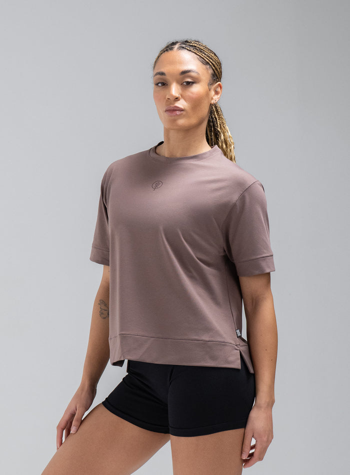 Jade Is 5ft 8" And Wears Size: S | Hem Studio Image Of Model Wearing Force Boxy Drirelease® T-Shirt In Dusk (SS Model)