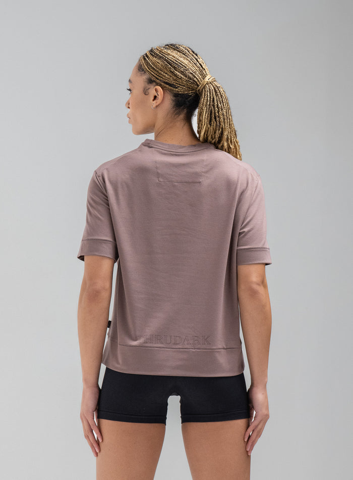 Jade Is 5ft 8" And Wears Size: S | Hem Studio Image Of Model Wearing Force Boxy Drirelease® T-Shirt In Dusk (SS Model)