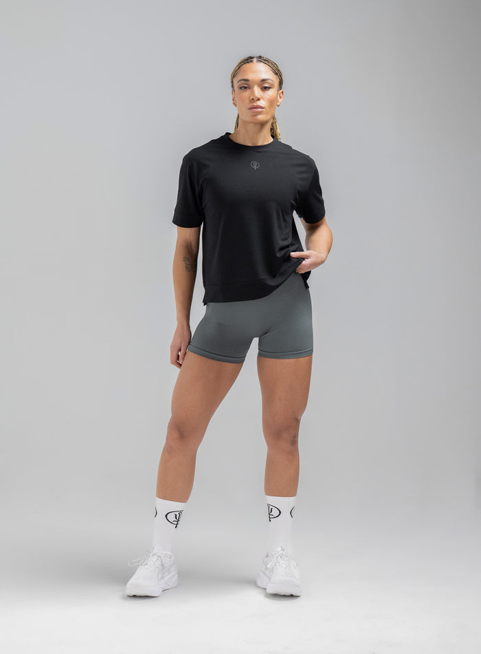 Jade Is 5ft 8" And Wears Size: S | Hem Studio Image Of Model Wearing Force Boxy Drirelease® T-Shirt In Obsidian Black (SS Model)